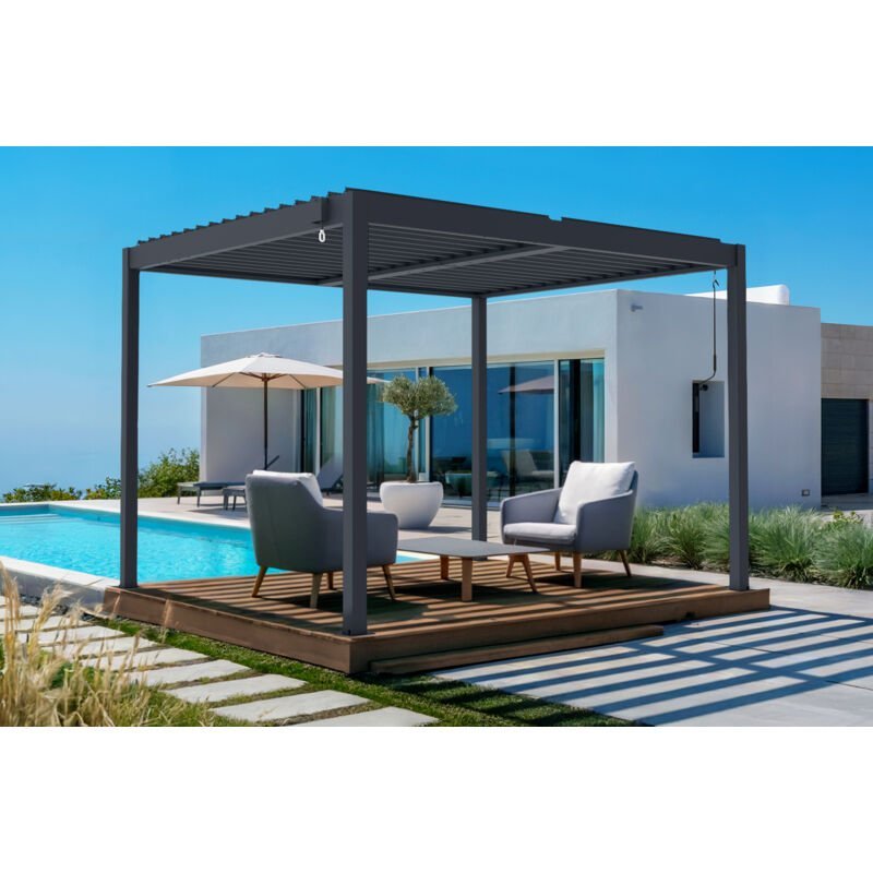Pergola bioclimatique autoportée PIANA 3x2,5m aluminium gris - lames orientables